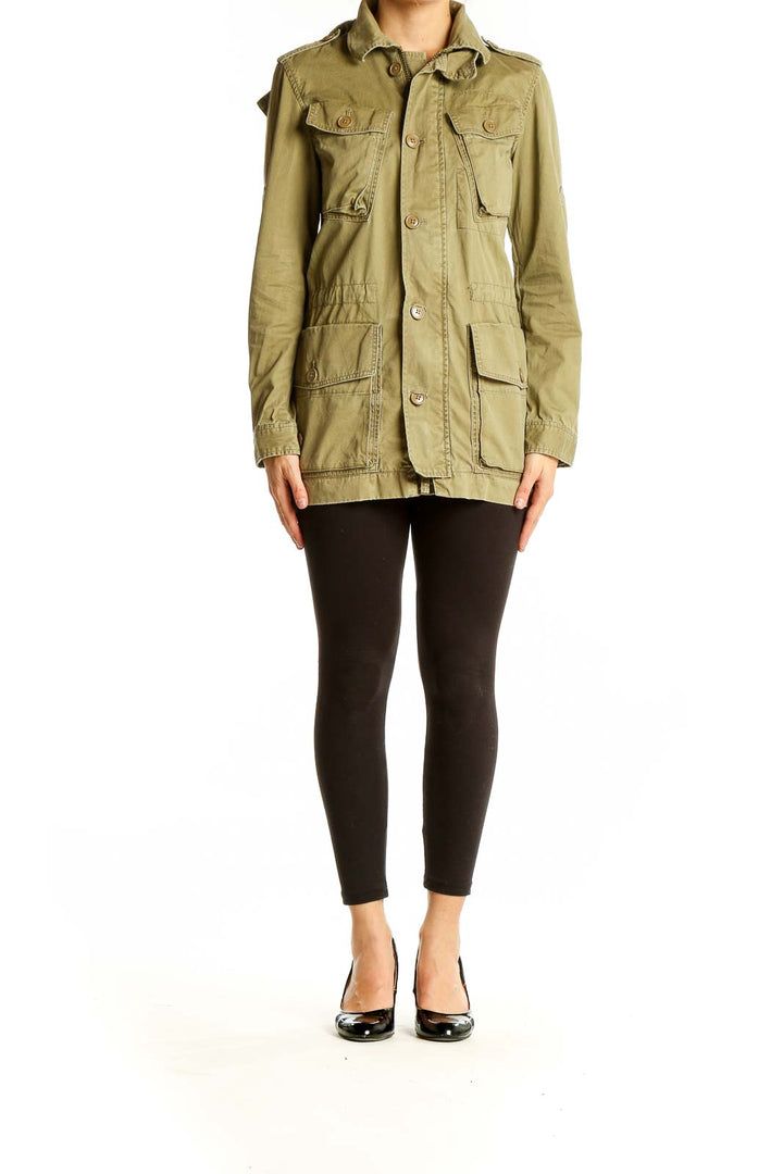 Front view of J.Crew olive military-inspired cotton jacket with multiple pockets