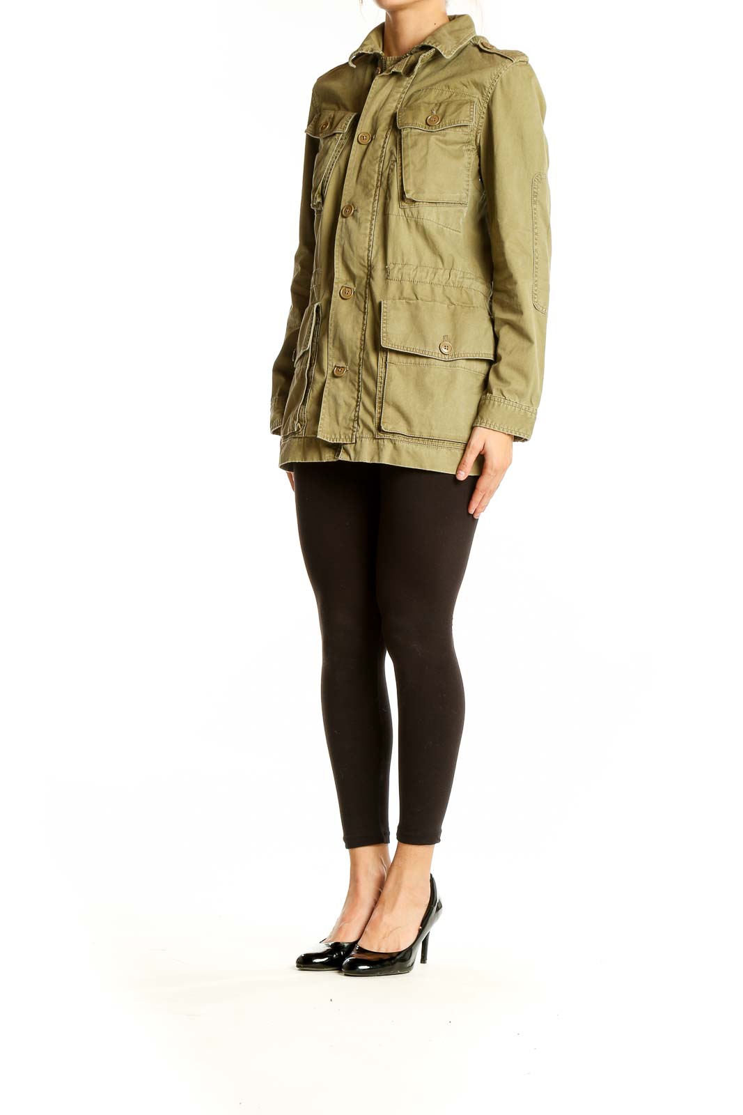 Front view of J.Crew olive military-inspired cotton jacket with multiple pockets