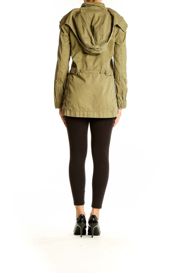 Back view of J.Crew olive military-inspired cotton jacket showing relaxed fit