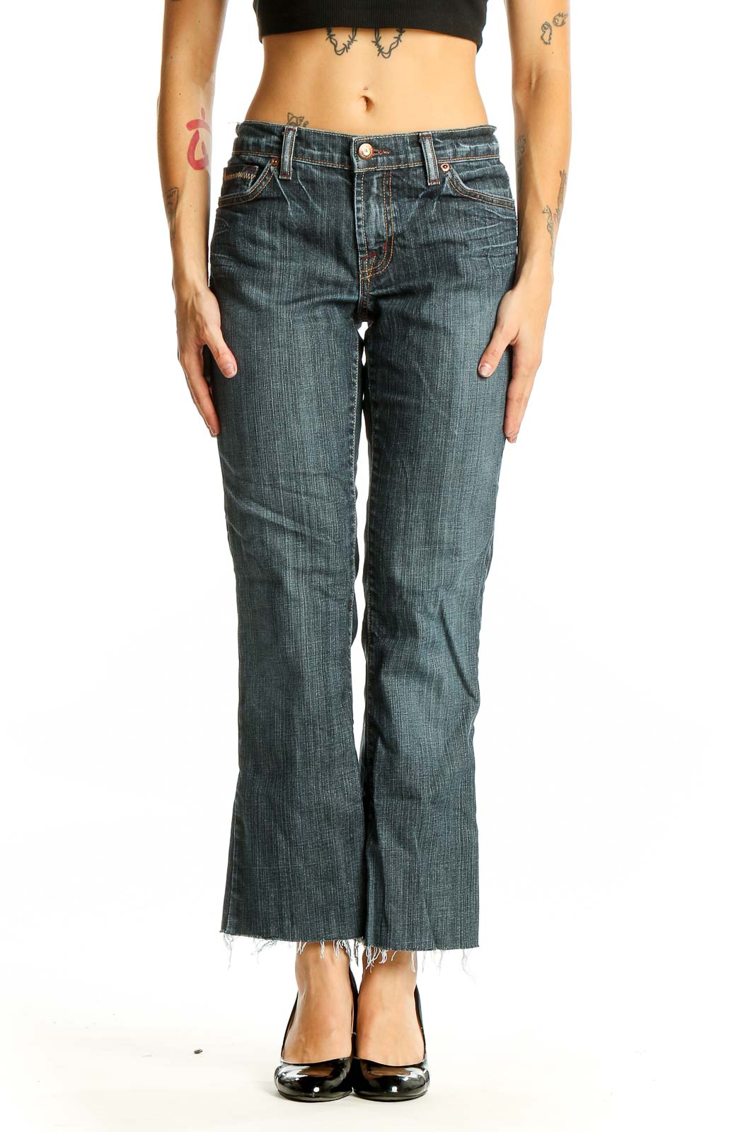 Front view of David Kahn blue bootcut jeans on model