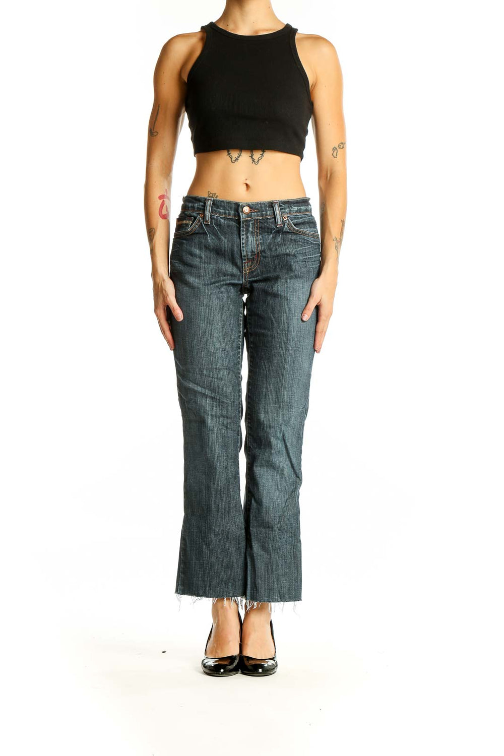 Front view of David Kahn blue bootcut jeans on model