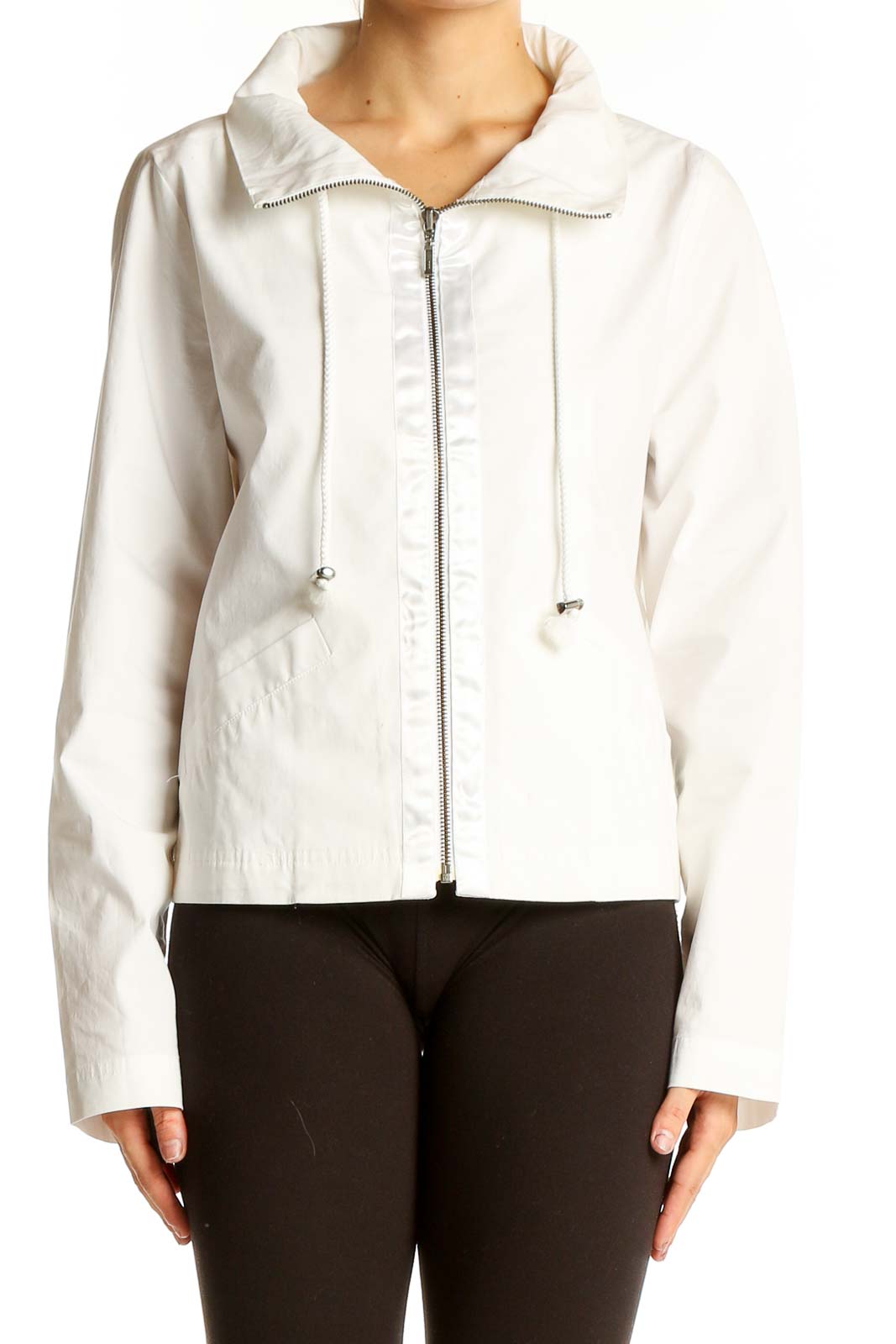 Front view of white Apostrophe zip-up jacket with wide collar