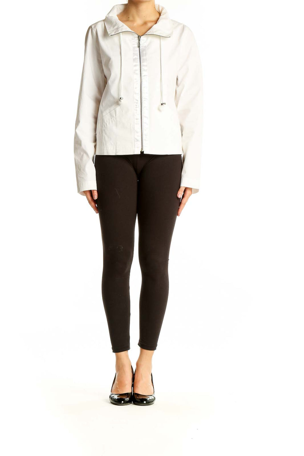 Front view of white Apostrophe zip-up jacket with wide collar