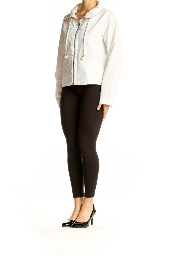 Front view of white Apostrophe zip-up jacket with wide collar