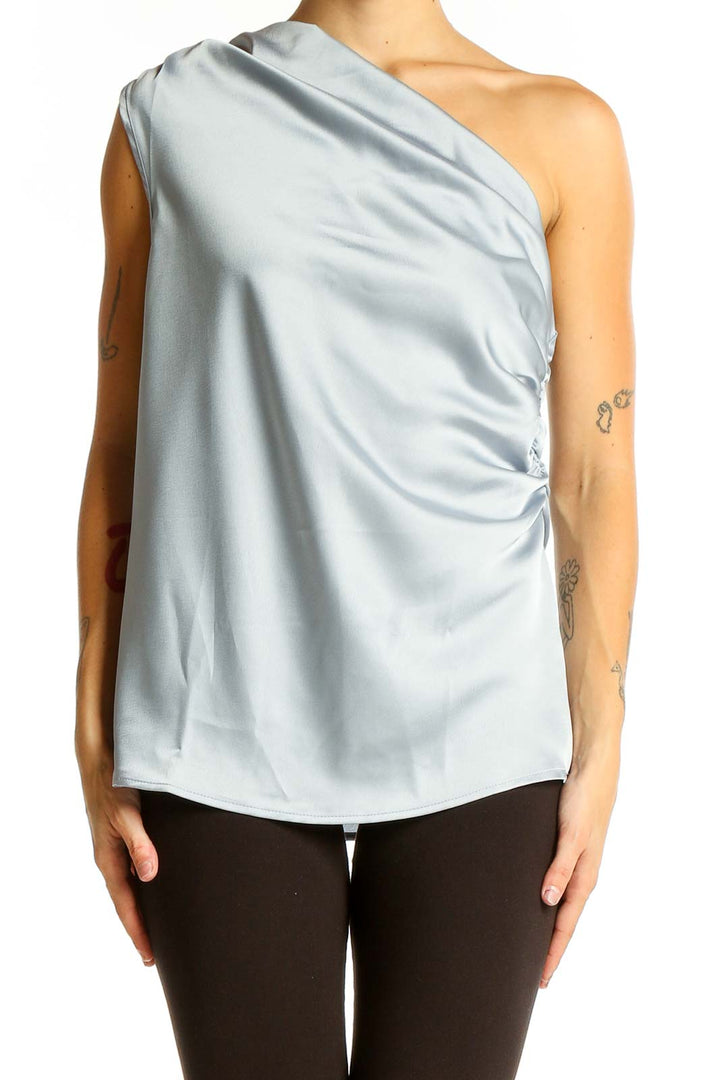 Front view of renee c. light blue one-shoulder draped top