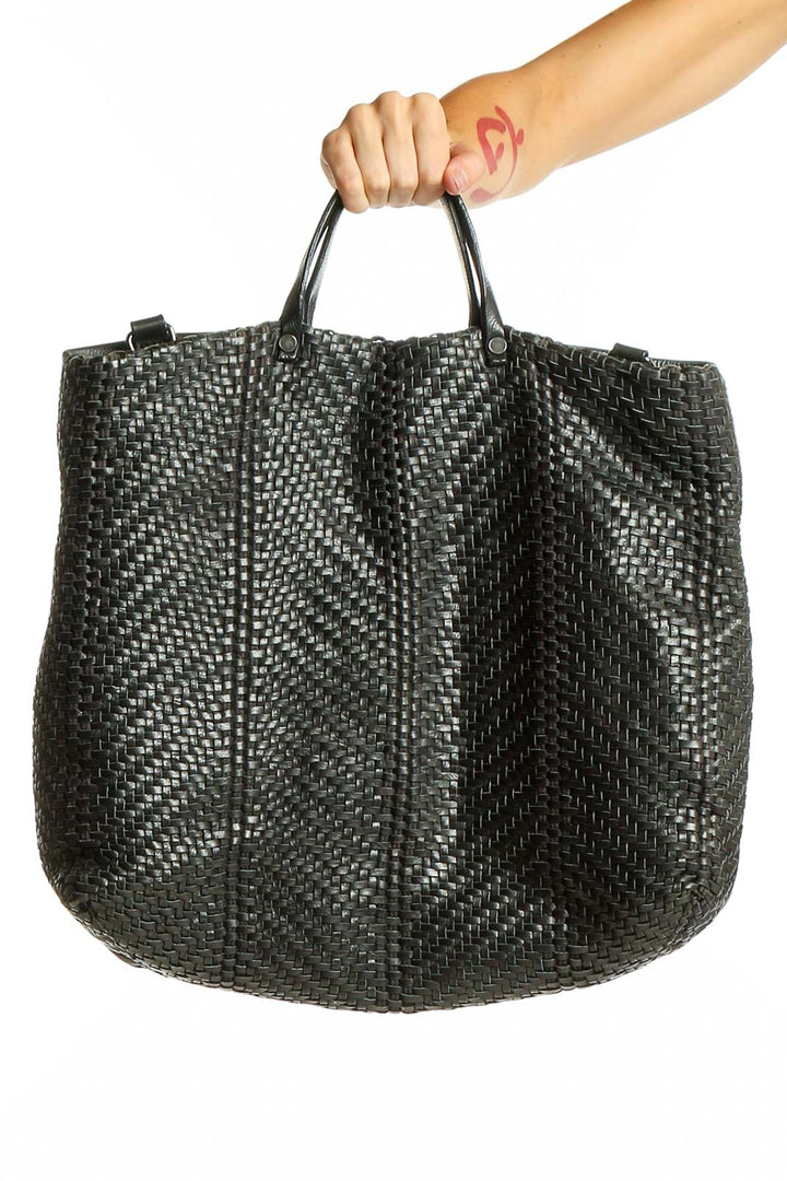 Front view of Kooba black woven leather tote bag