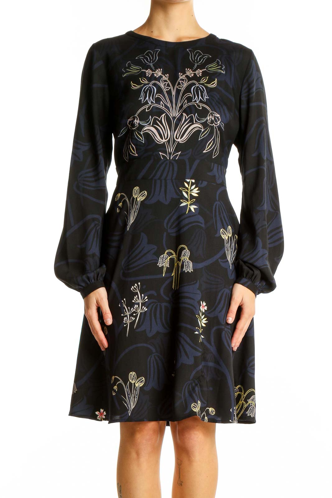 Front view of Ann Taylor LOFT navy dress with floral embroidery and long sleeves