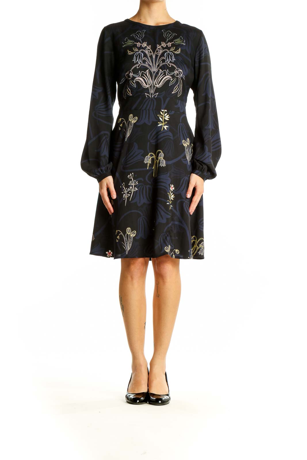 Front view of Ann Taylor LOFT navy dress with floral embroidery and long sleeves