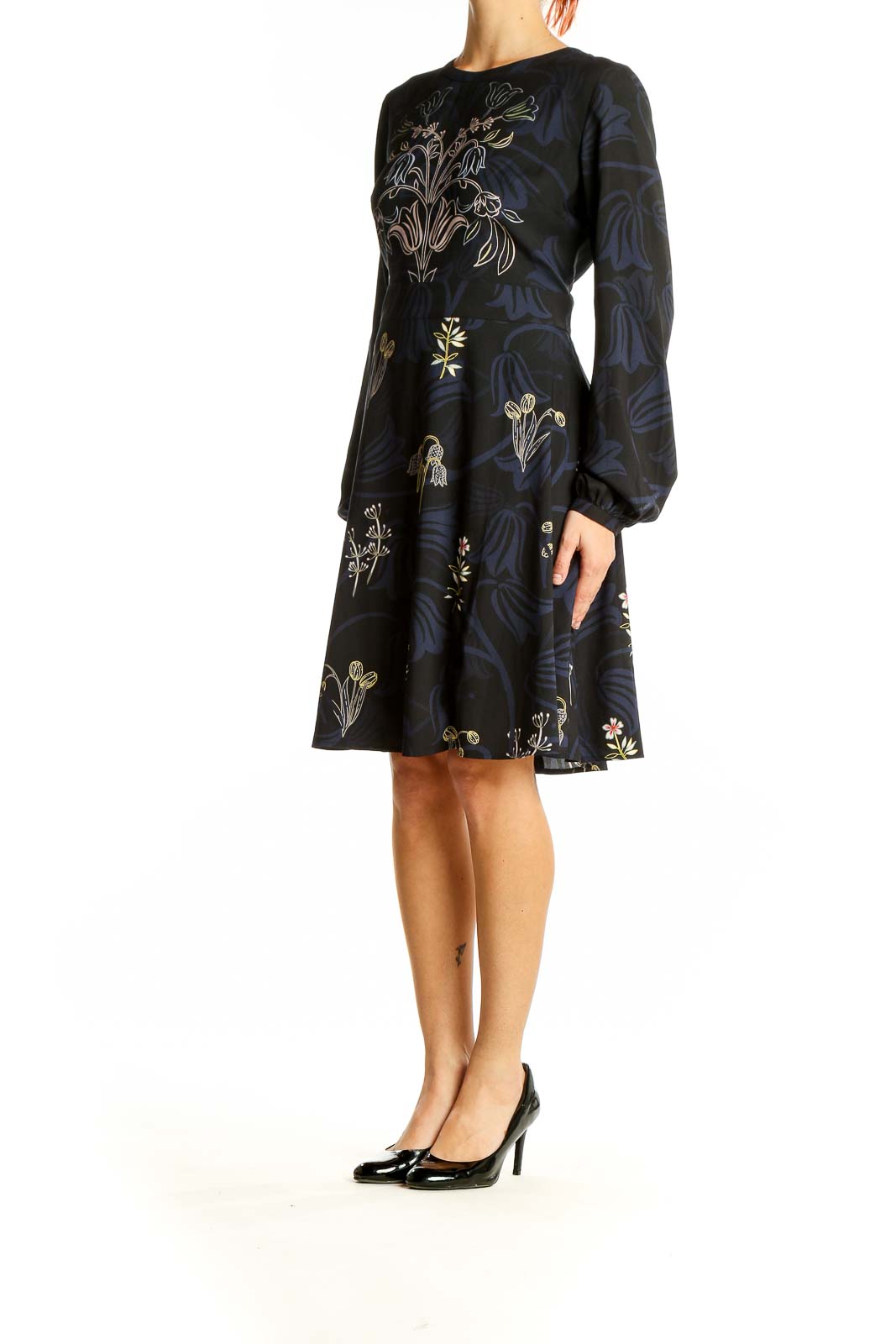 Front view of Ann Taylor LOFT navy dress with floral embroidery and long sleeves