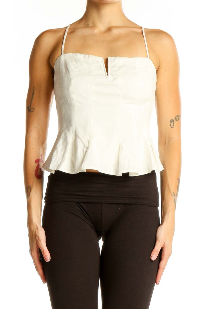 Front view of ASTR white linen blend peplum crop top with strapless design