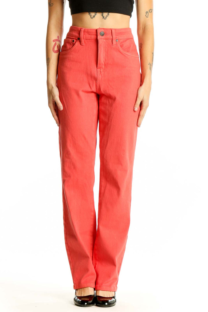 Front view of Indi & Cold coral high-waisted straight leg jeans