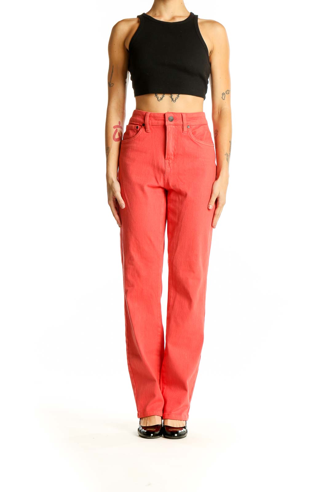 Front view of Indi & Cold coral high-waisted straight leg jeans