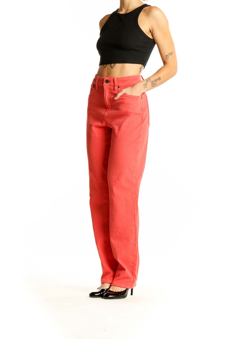 Front view of Indi & Cold coral high-waisted straight leg jeans