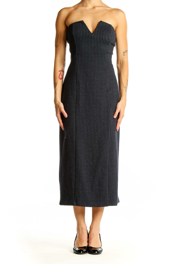 Front view of Anthropologie charcoal pinstripe strapless midi dress