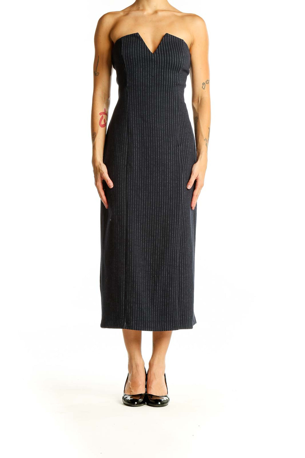 Front view of Anthropologie charcoal pinstripe strapless midi dress