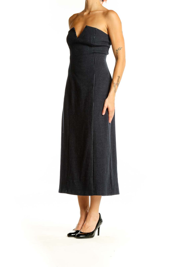 Front view of Anthropologie charcoal pinstripe strapless midi dress