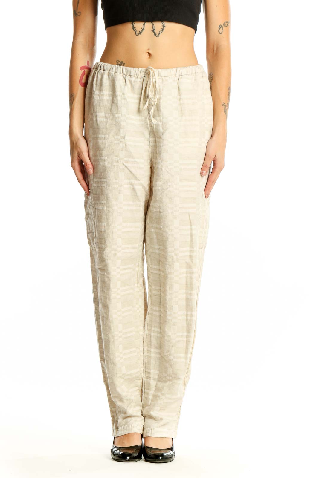 Front view of beige Coldwater Creek cotton-linen blend relaxed fit pants