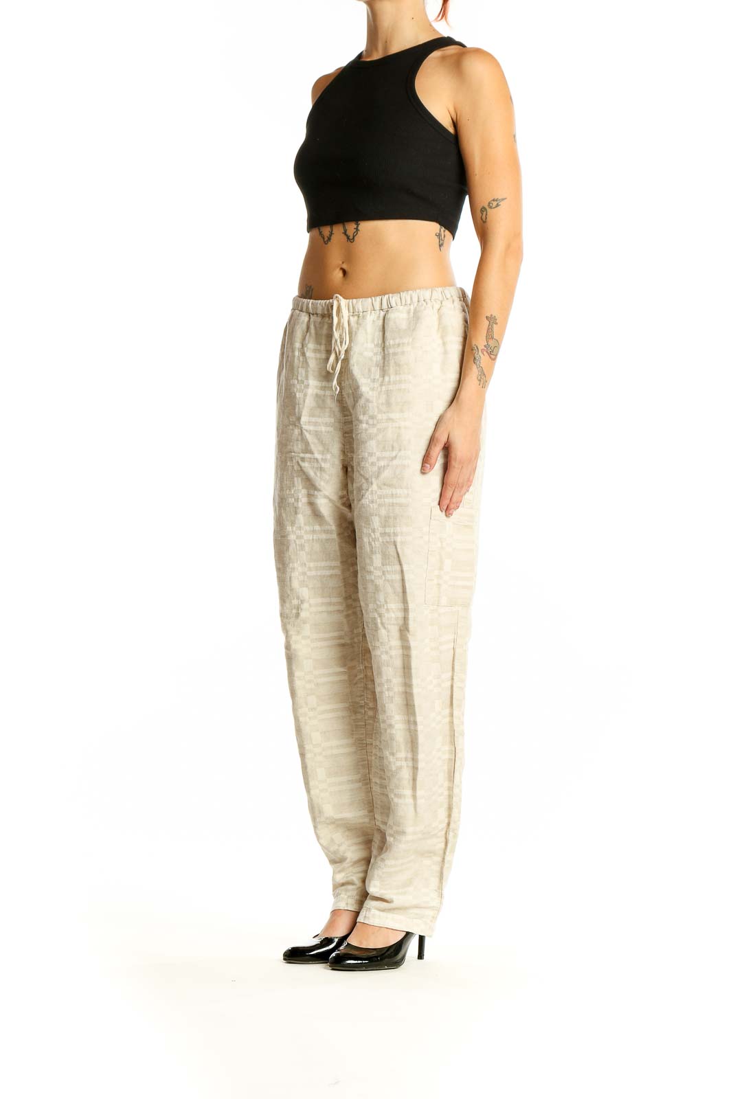 Front view of beige Coldwater Creek cotton-linen blend relaxed fit pants