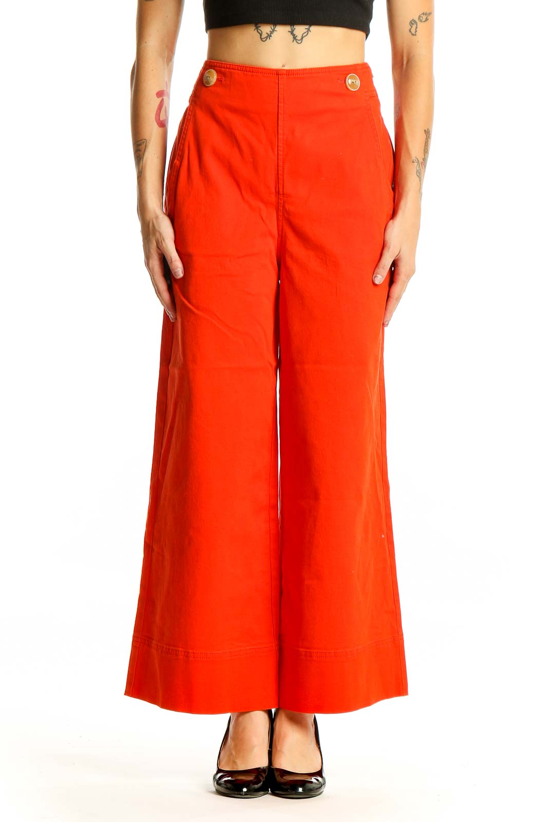 Front view of Maeve red wide-leg pants with gold button details