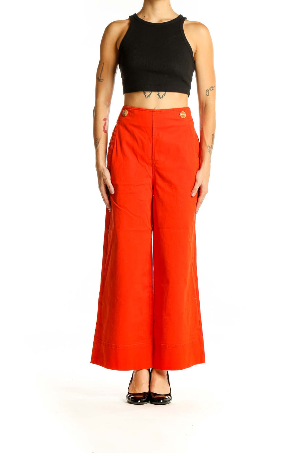 Front view of Maeve red wide-leg pants with gold button details