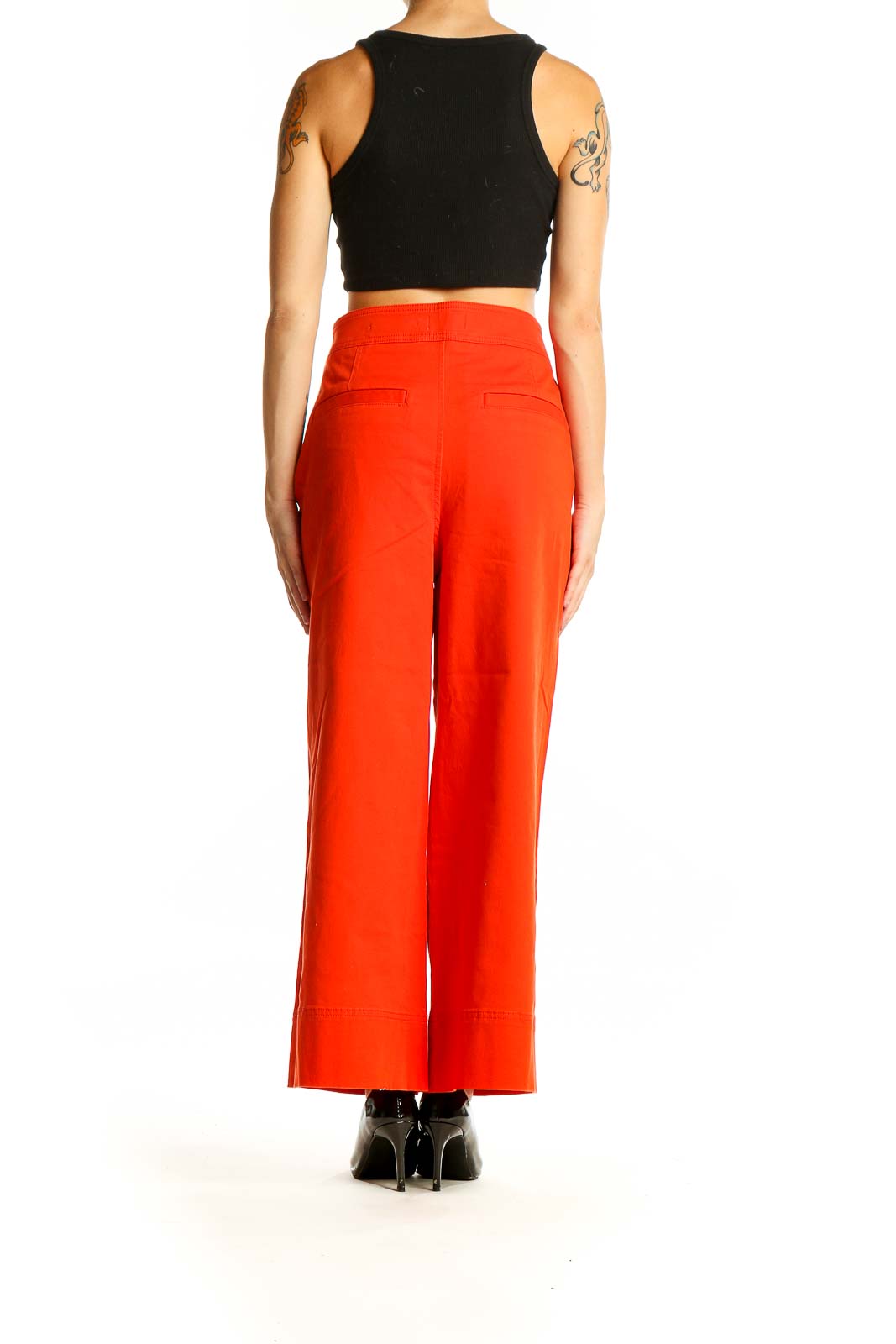 Back view of Maeve red wide-leg pants showing sleek silhouette