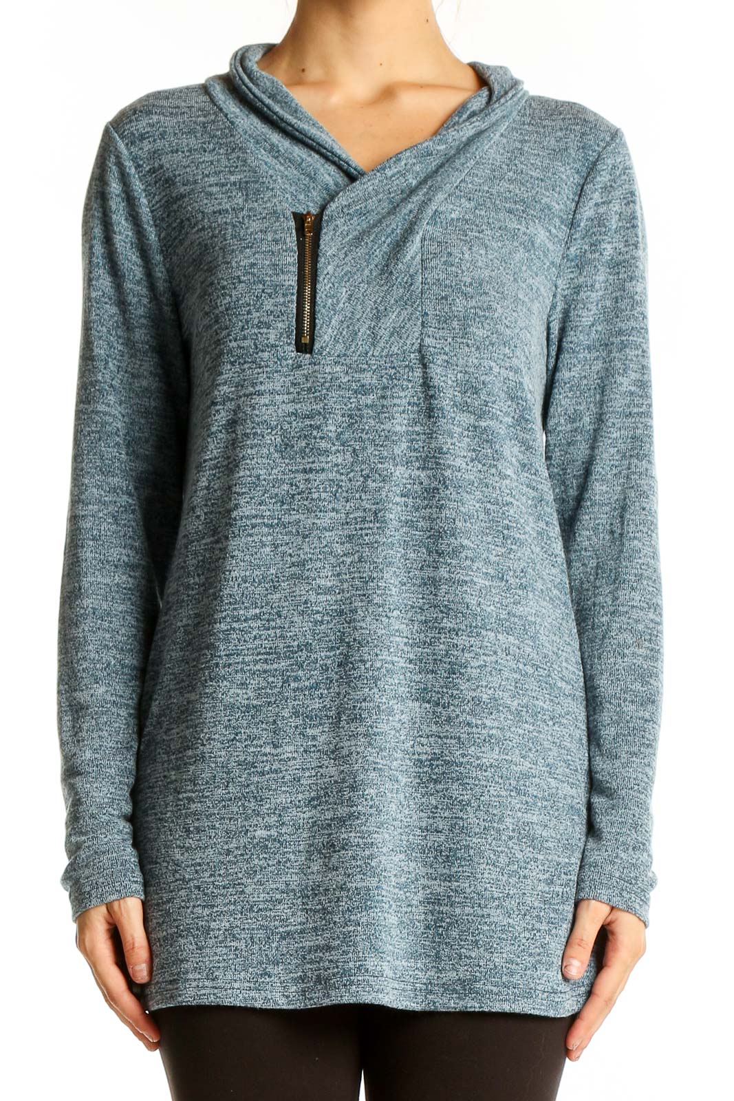 Front view of SilkRoll heathered blue zip-neck tunic sweater