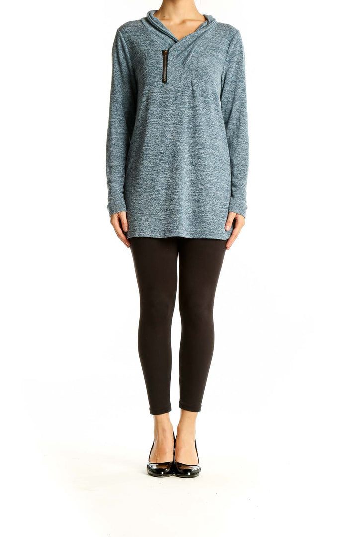 Front view of SilkRoll heathered blue zip-neck tunic sweater