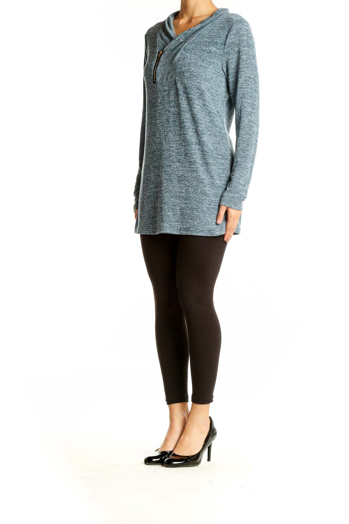 Front view of SilkRoll heathered blue zip-neck tunic sweater