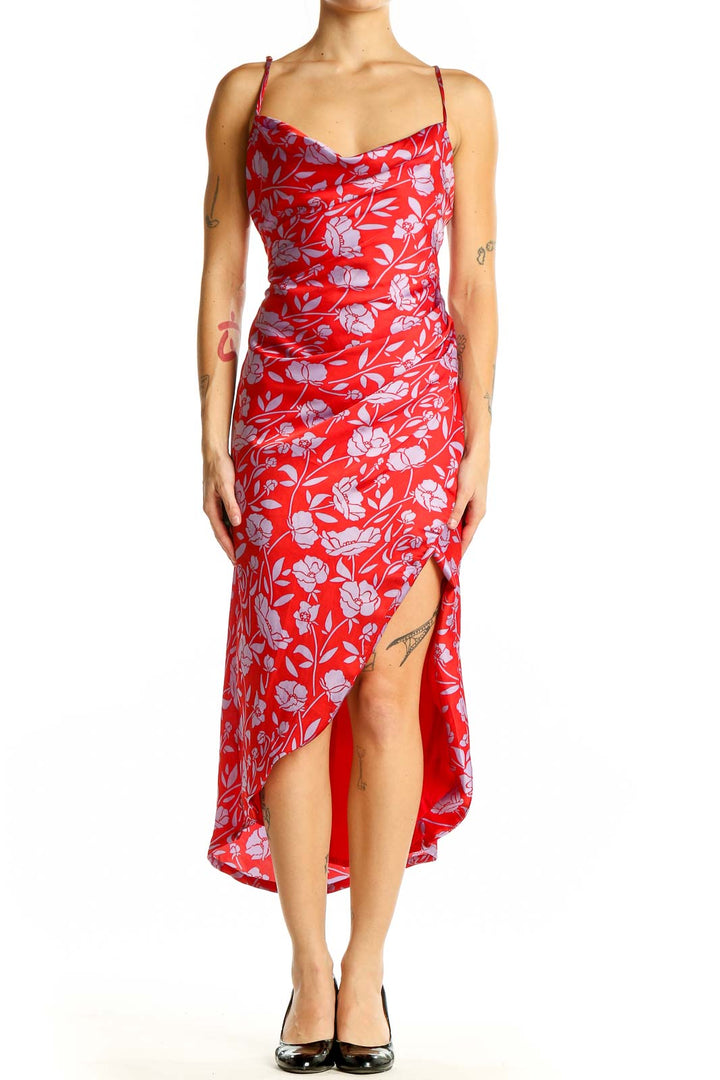 Front view of red floral print midi dress with cowl neck and side slit