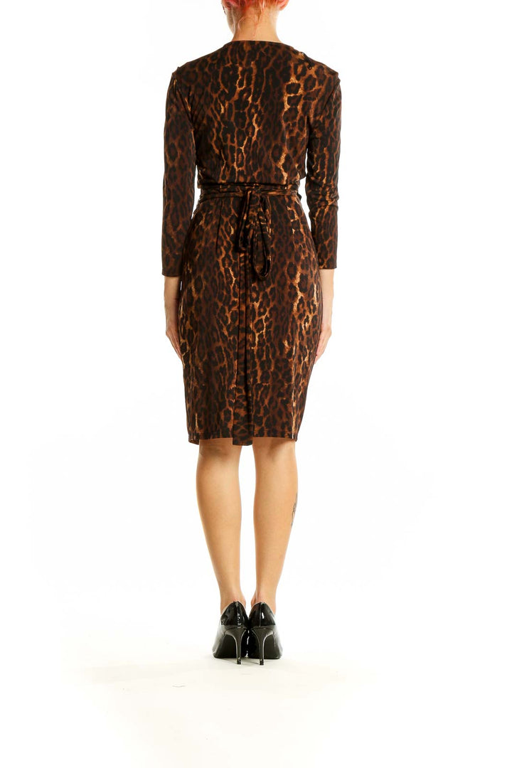 Side view of Maggy London brown leopard print wrap dress