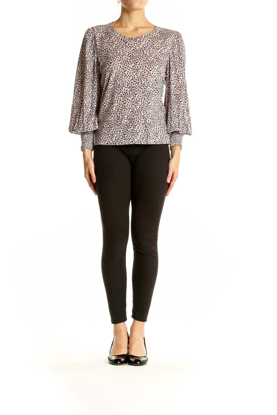 Front view of Nation LTD beige leopard print top with puff sleeves