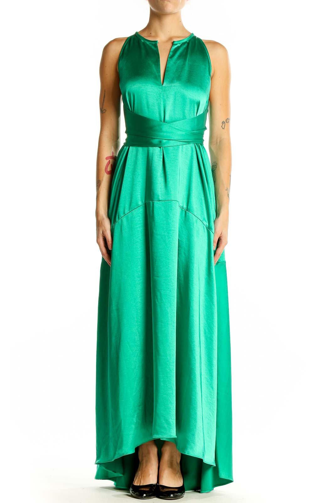 Front view of Ted Baker London green satin maxi dress with V-neckline and cinched waist