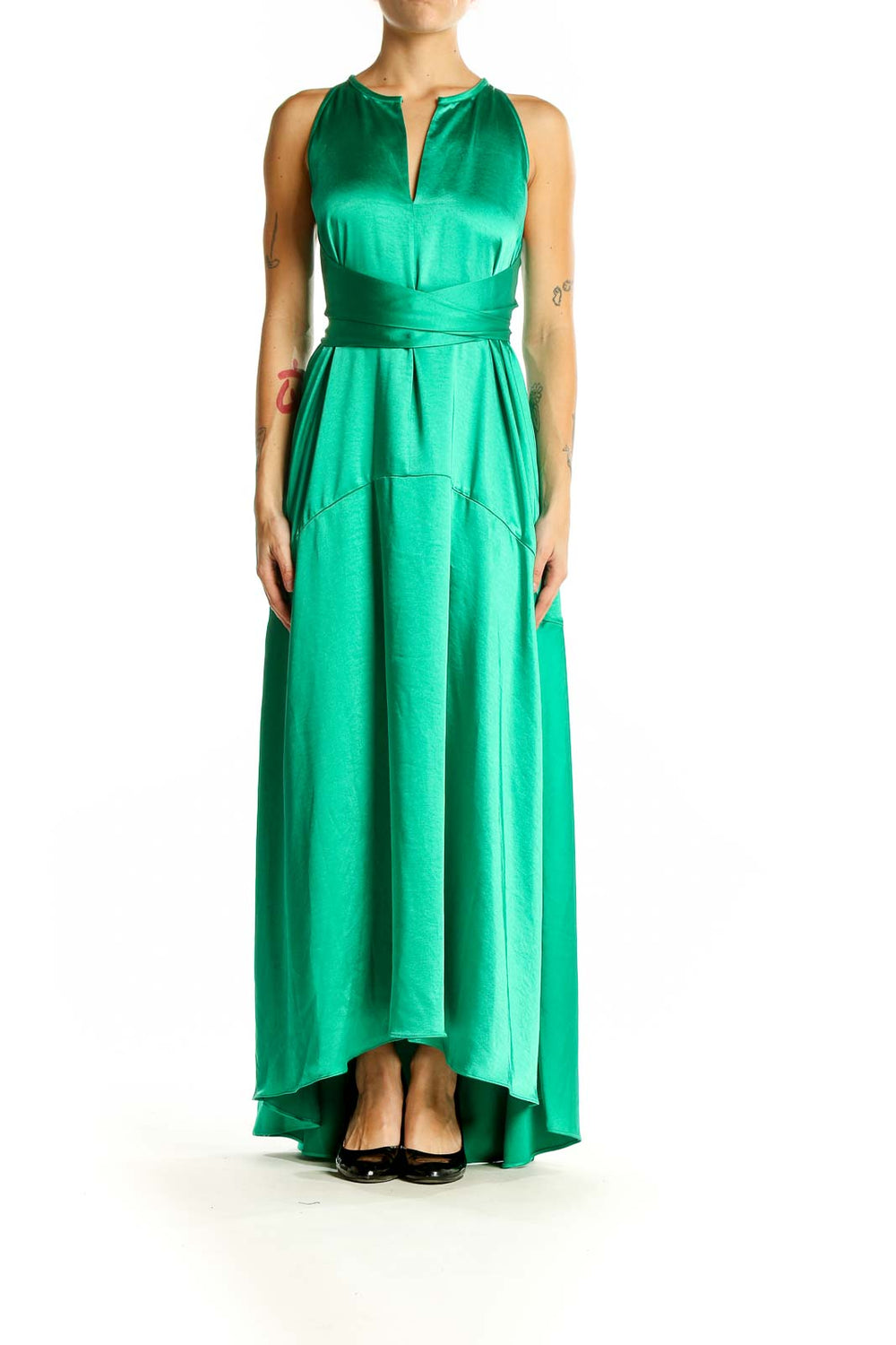 Front view of Ted Baker London green satin maxi dress with V-neckline and cinched waist