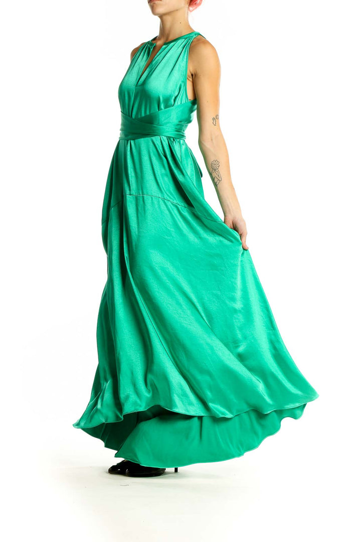 Front view of Ted Baker London green satin maxi dress with V-neckline and cinched waist