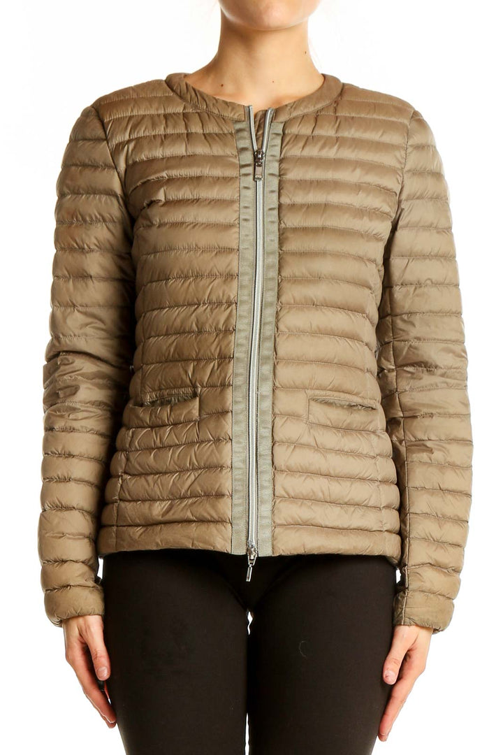 Front view of beige Geox quilted down jacket on model