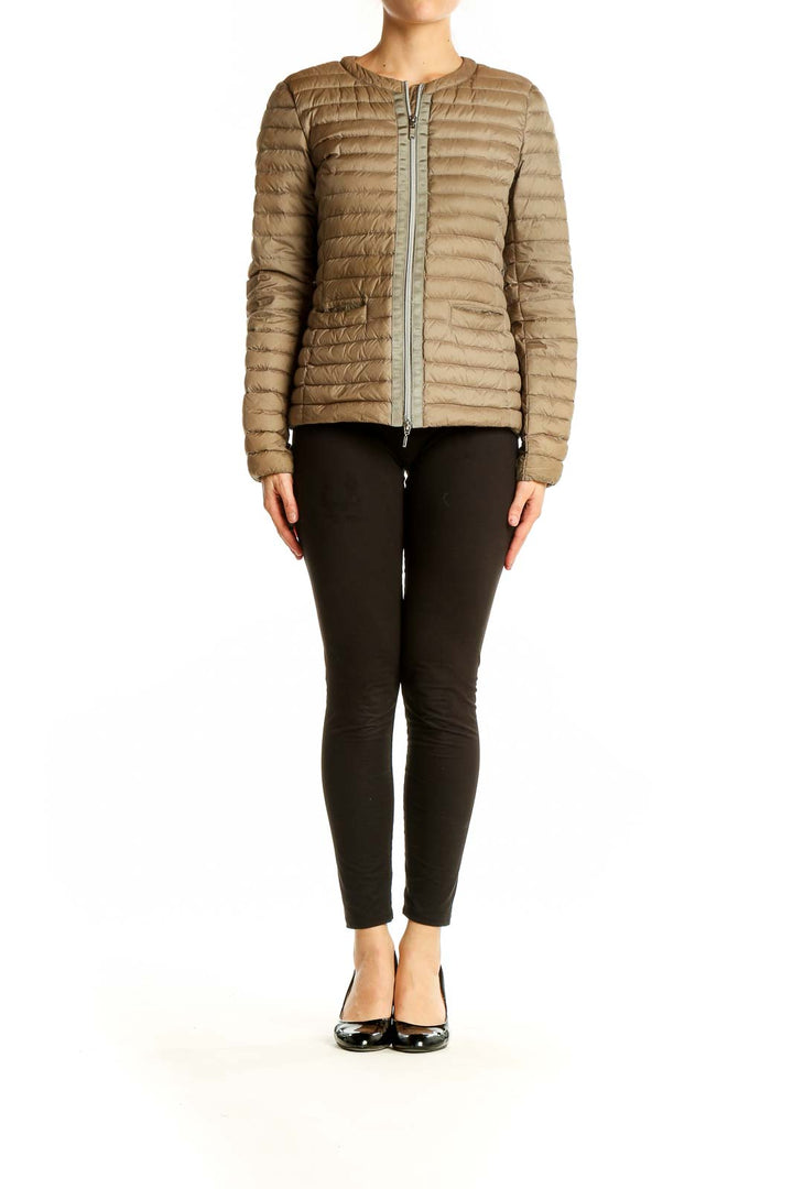 Front view of beige Geox quilted down jacket on model