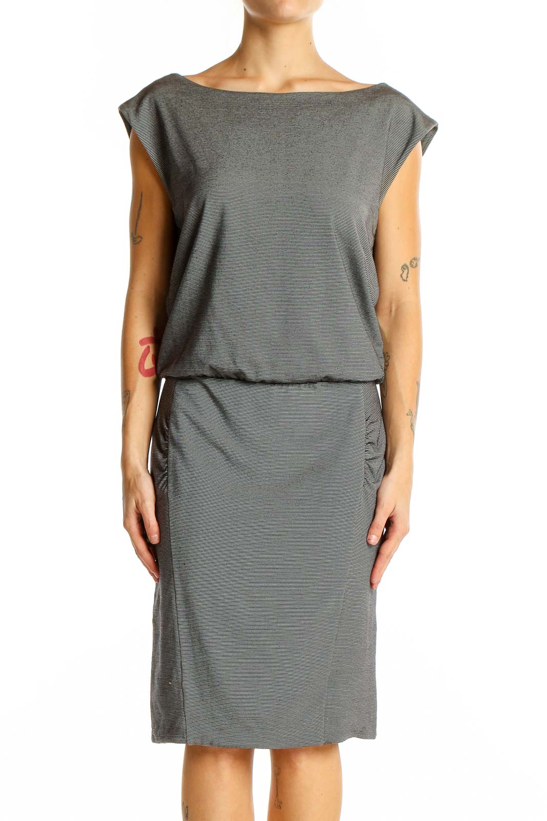 Front view of gray sleeveless blouson dress from Athleta