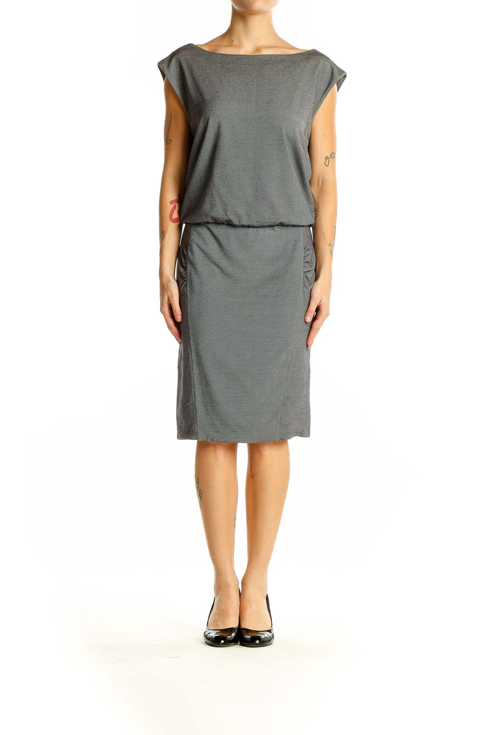 Front view of gray sleeveless blouson dress from Athleta