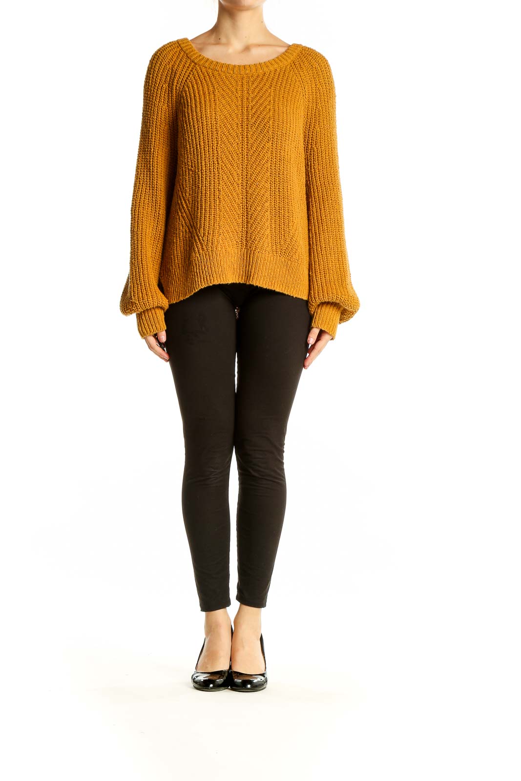 Front view of Madewell mustard chunky knit oversized sweater with balloon sleeves