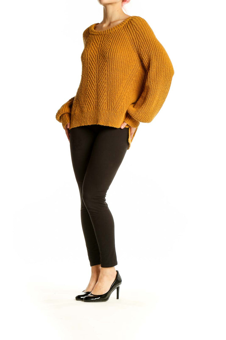 Front view of Madewell mustard chunky knit oversized sweater with balloon sleeves