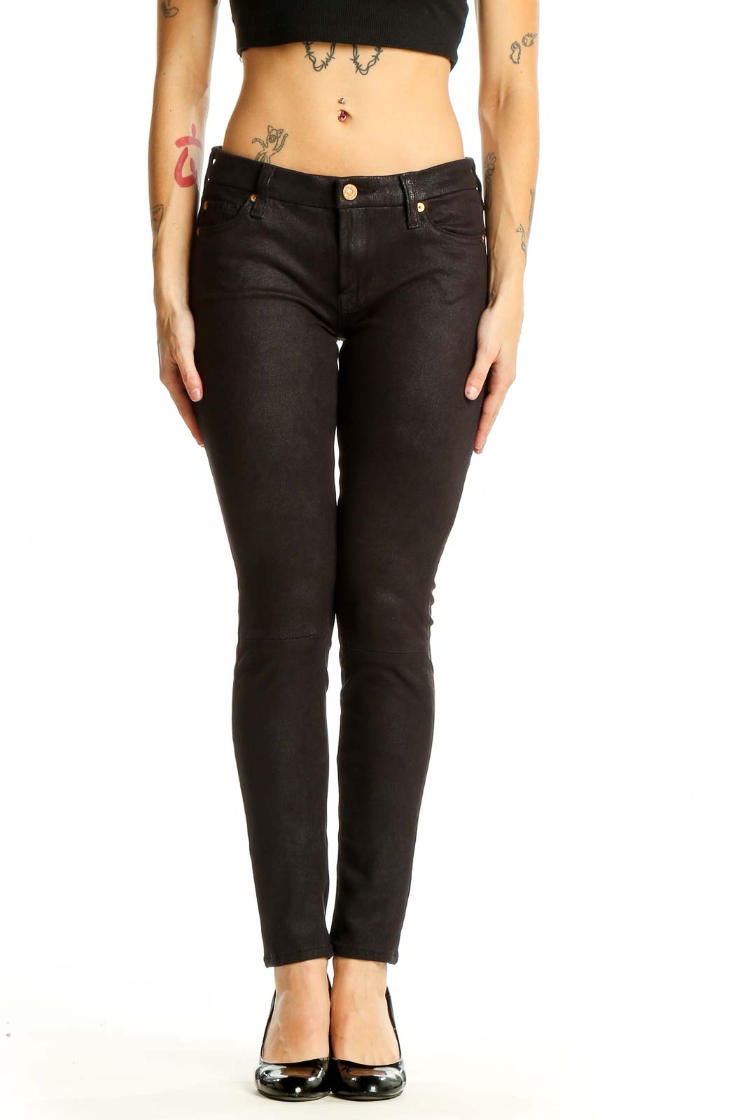 Front view of 7 For All Mankind black skinny pants on model