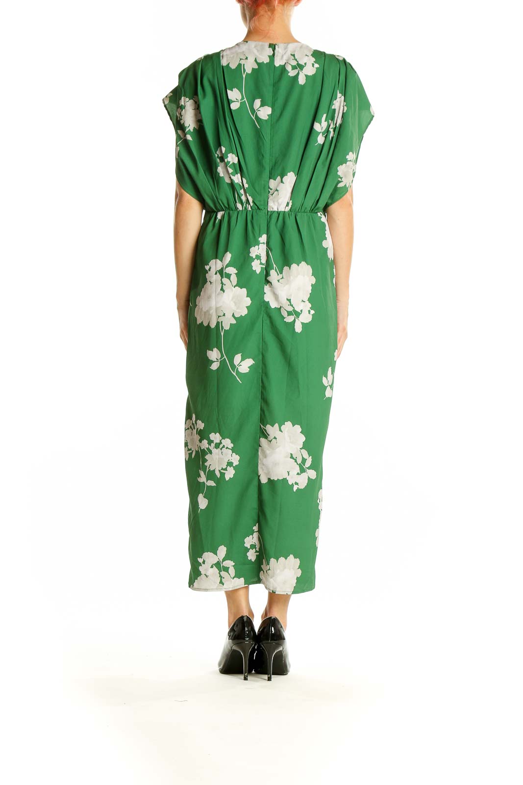 Side view of green floral wrap midi dress by Wayward Fancies