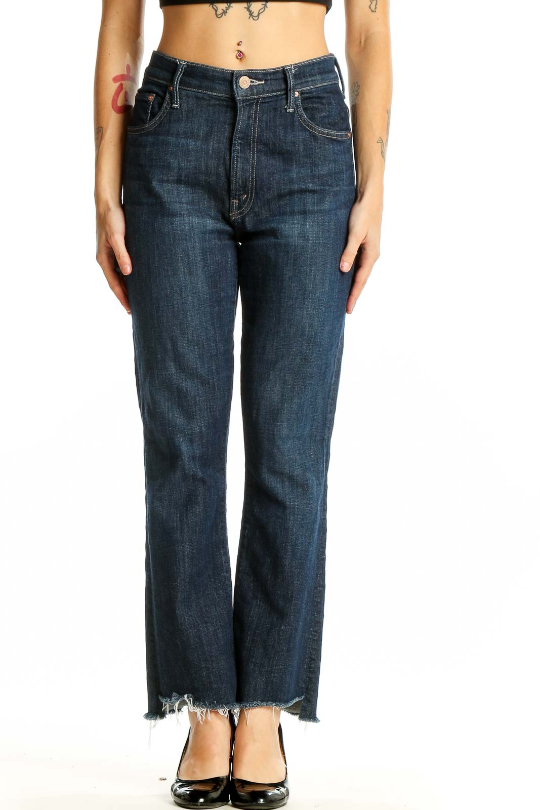 Front view of Mother dark blue straight leg jeans with frayed hem