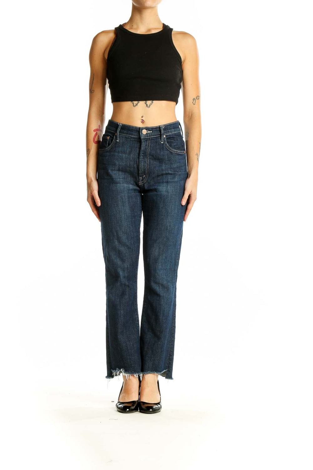 Front view of Mother dark blue straight leg jeans with frayed hem