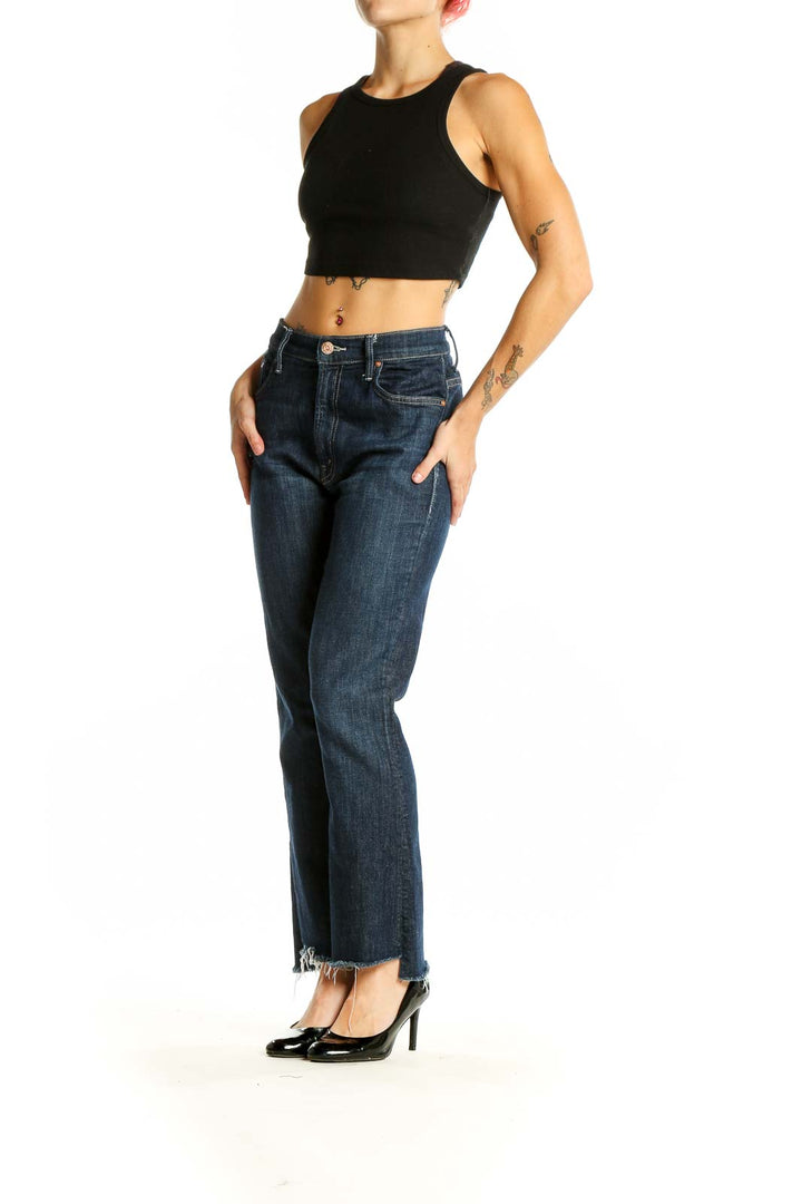 Front view of Mother dark blue straight leg jeans with frayed hem