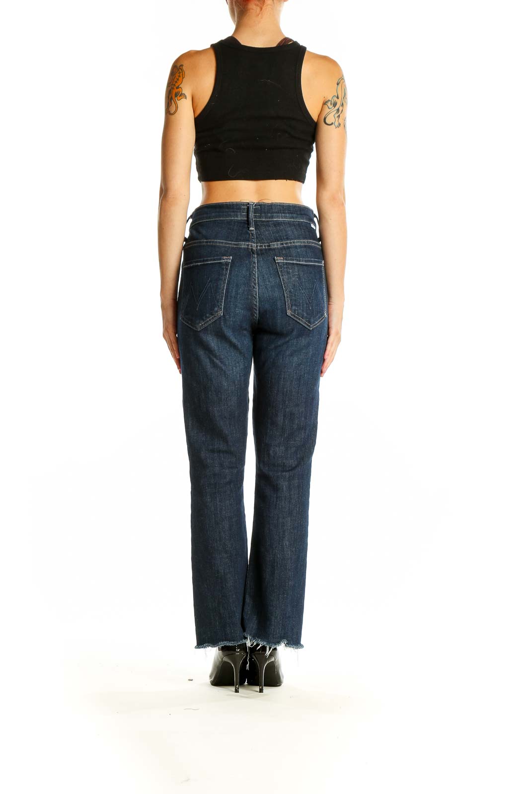 Back view of Mother dark blue straight leg jeans with frayed hem