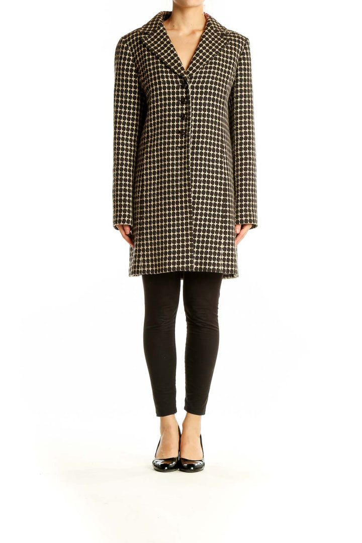 Front view of Ann Taylor black and tan polka dot coat