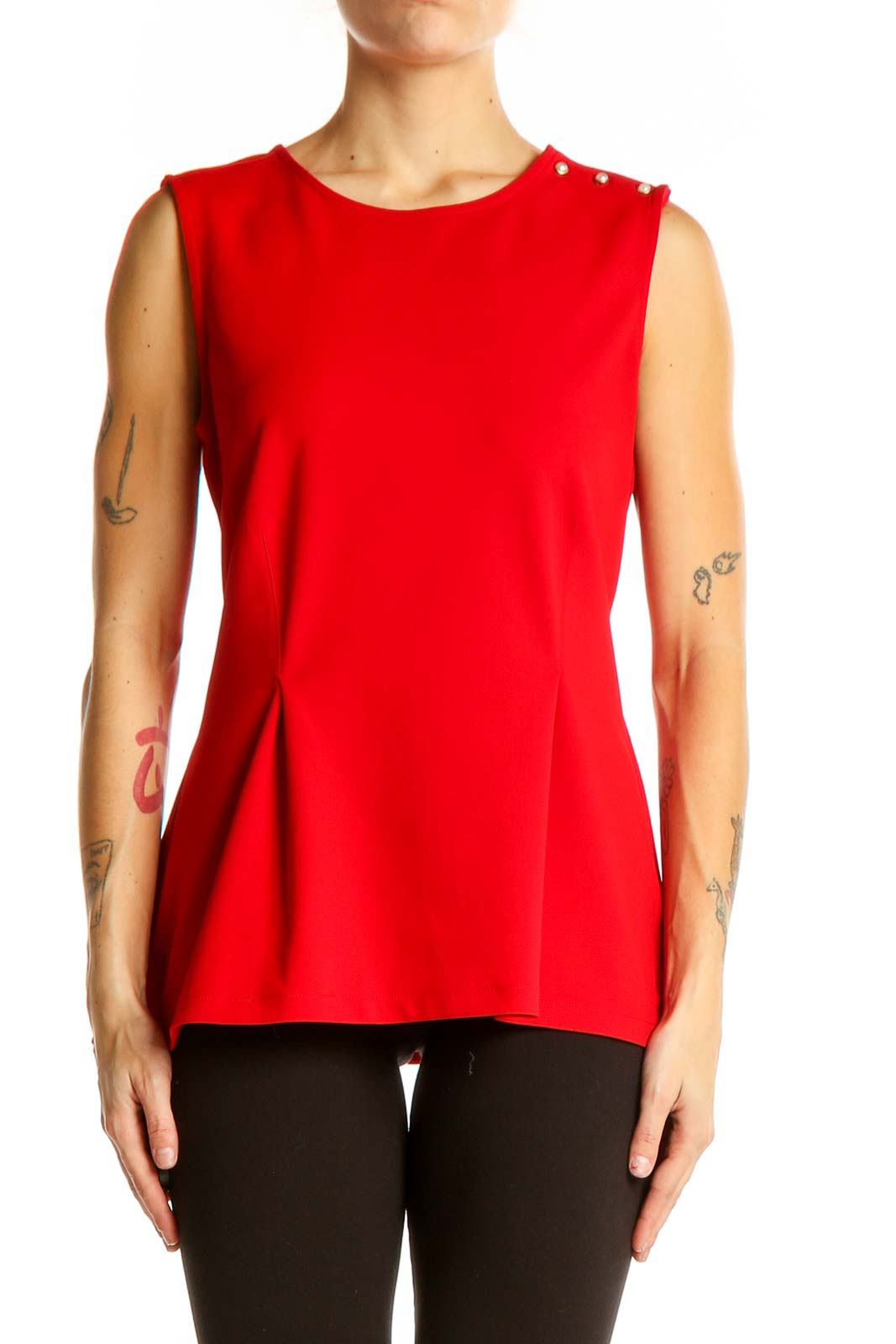 Front view of Ann Taylor red sleeveless peplum top with shoulder buttons