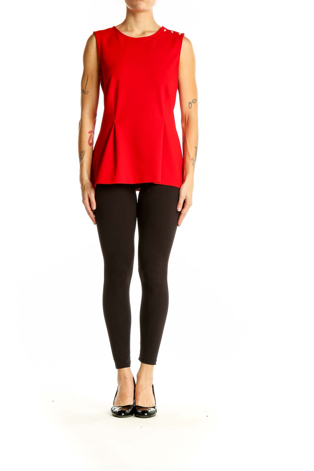 Front view of Ann Taylor red sleeveless peplum top with shoulder buttons