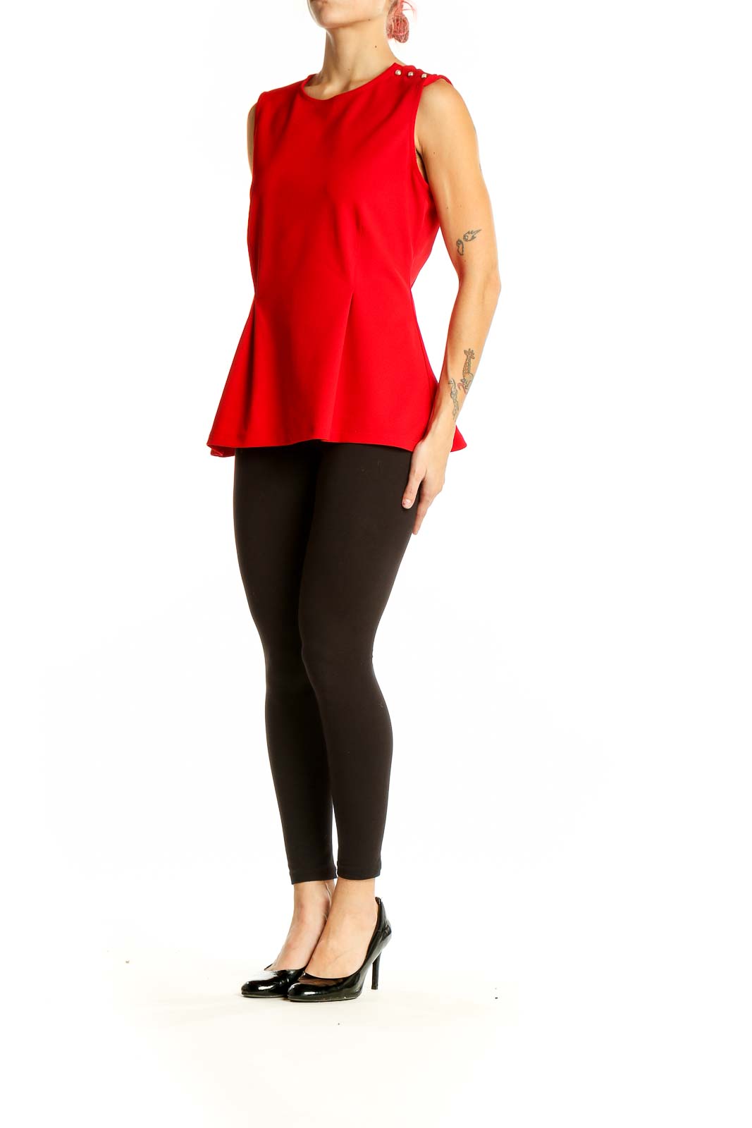 Front view of Ann Taylor red sleeveless peplum top with shoulder buttons